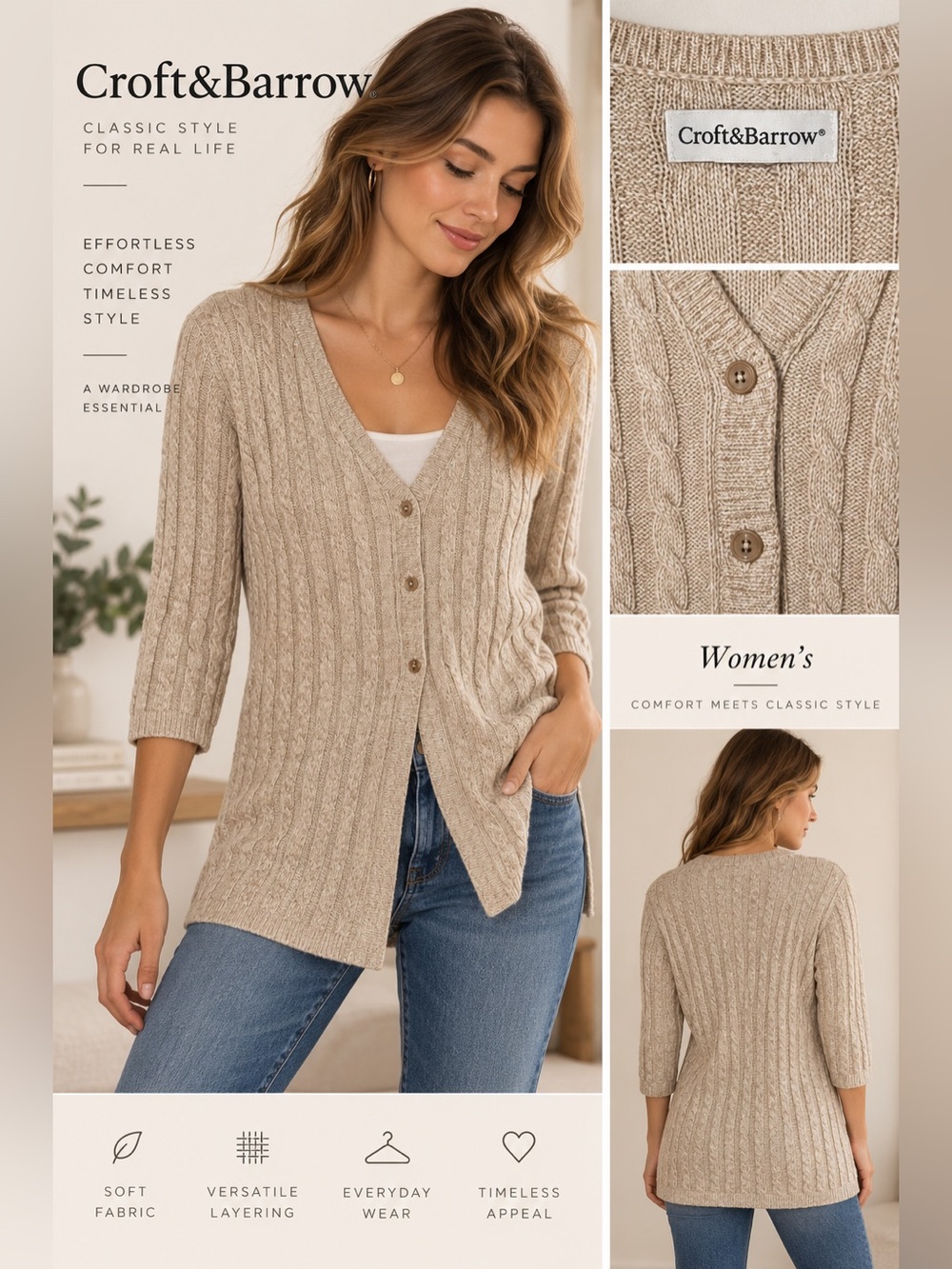 croft & barrow Beige Cable-Knit V-Neck Button Cardigan